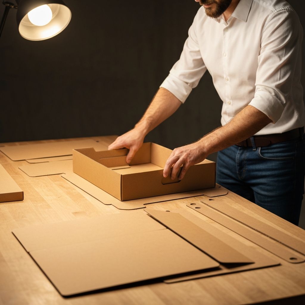 Flacher Kraft-Karton wird auf Arbeitstisch zu Box-Form montiert
