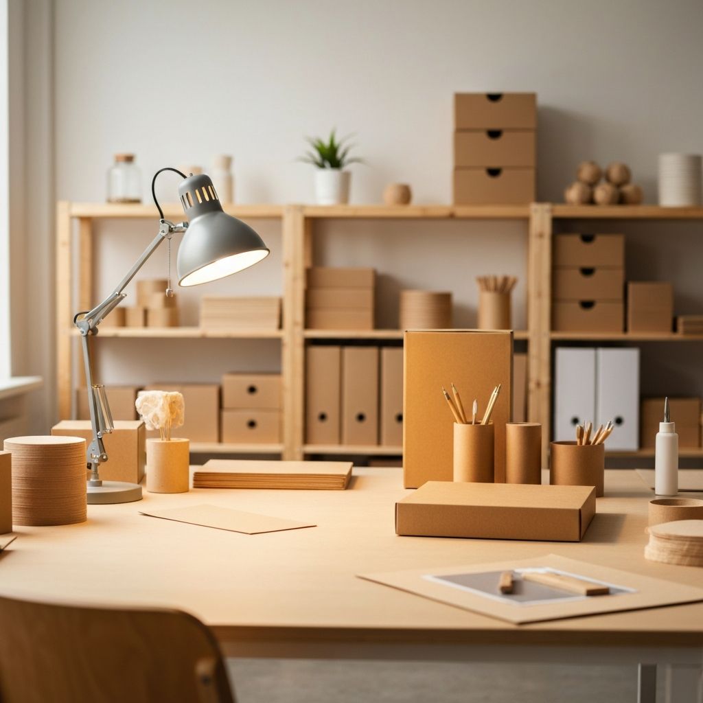 Sauberer organisierter Verpackungs- und Montagetisch im nachhaltigen Verpackungsatelier