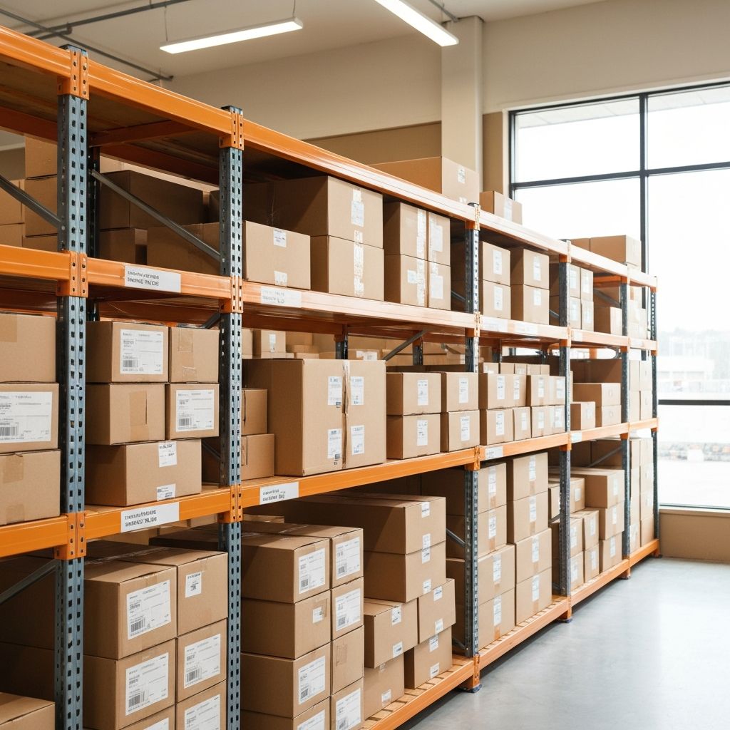 Organisierte Lagerhaltung mit gestapelten Kraft-Kartons in professionellem Lager