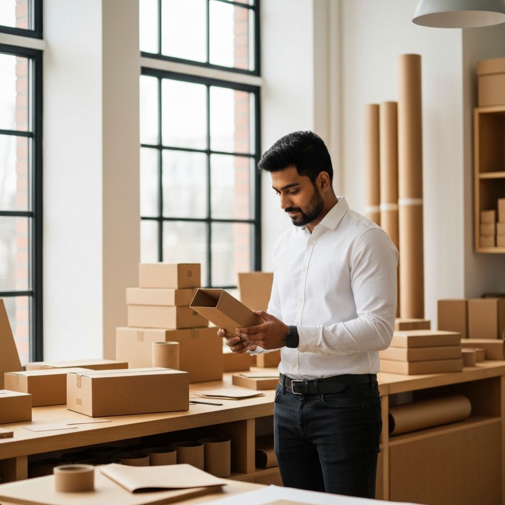Nachhaltige Verpackungsstudio mit Kraft-Materialien und Arbeitstisch