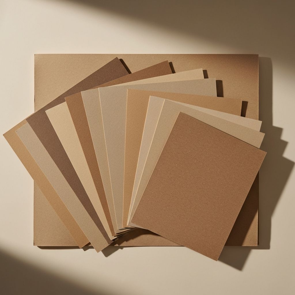 Kollektion von Kraft-Papier und Kartonproben fächerartig angeordnet