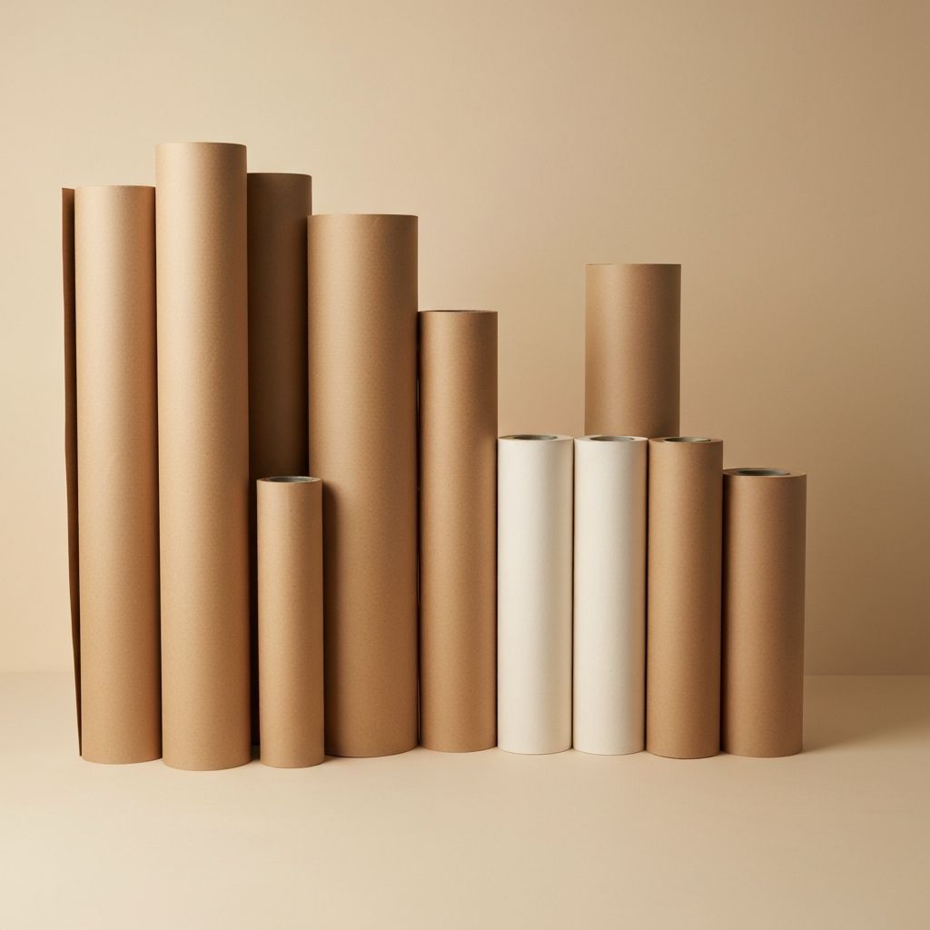 Stapel von Kraft-Papierrollen unterschiedlicher Größen und Gewichte im Studio-Regal