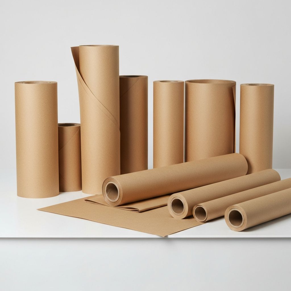 Kraft-Papierrolle und Wickelmaterialien auf sauberer Oberfläche